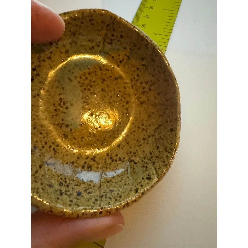 Handmade Studio Pottery Speckled Tan Small Bowl Artisan Ceramic Blue Drip 3